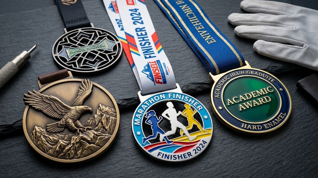 Custom medals featuring 3D relief soft enamel hard enamel cut-outs and custom ribbons