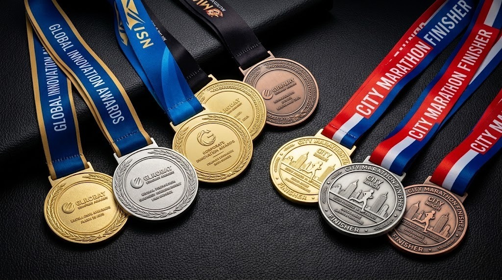 Premium custom medals manufactured by ESY Metal with gold, silver and bronze finishes