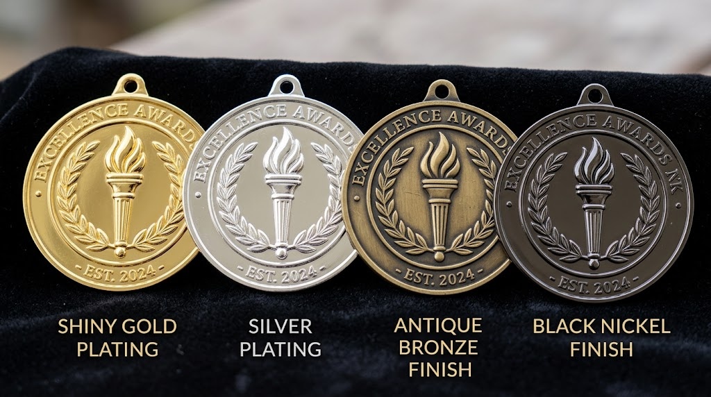 Gold silver antique bronze and black nickel custom medal finishes