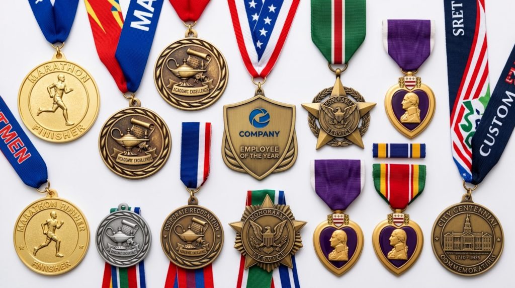 Different types of custom medals including sports, academic, corporate and commemorative medals