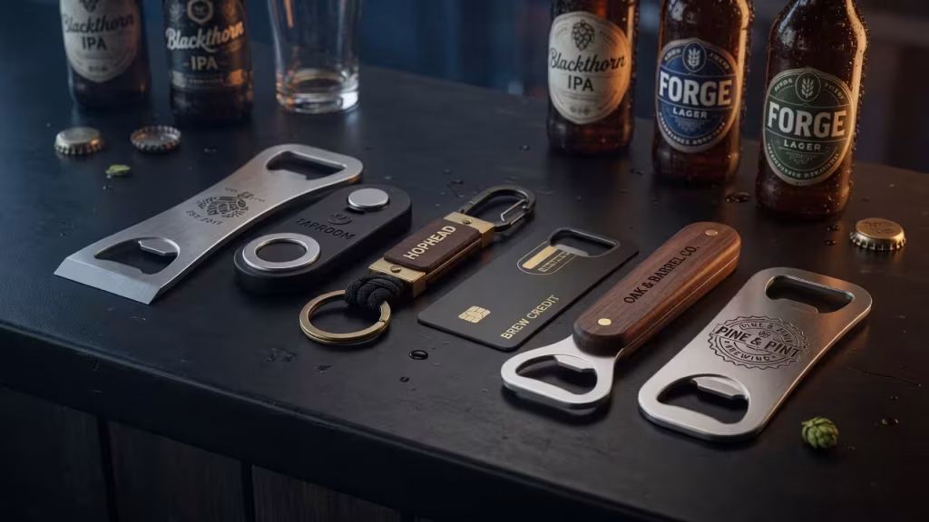Premium custom bottle openers for breweries, bars, and promotional brands